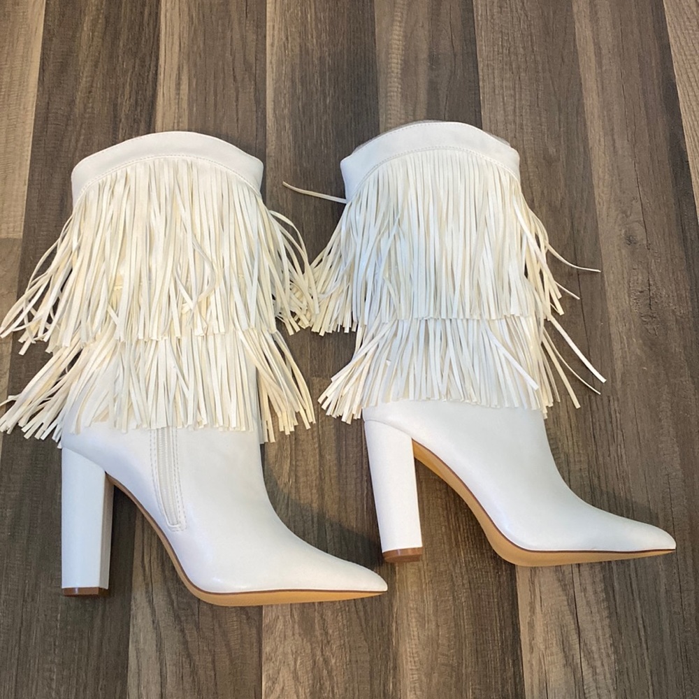 White Fringe Heeled Boots